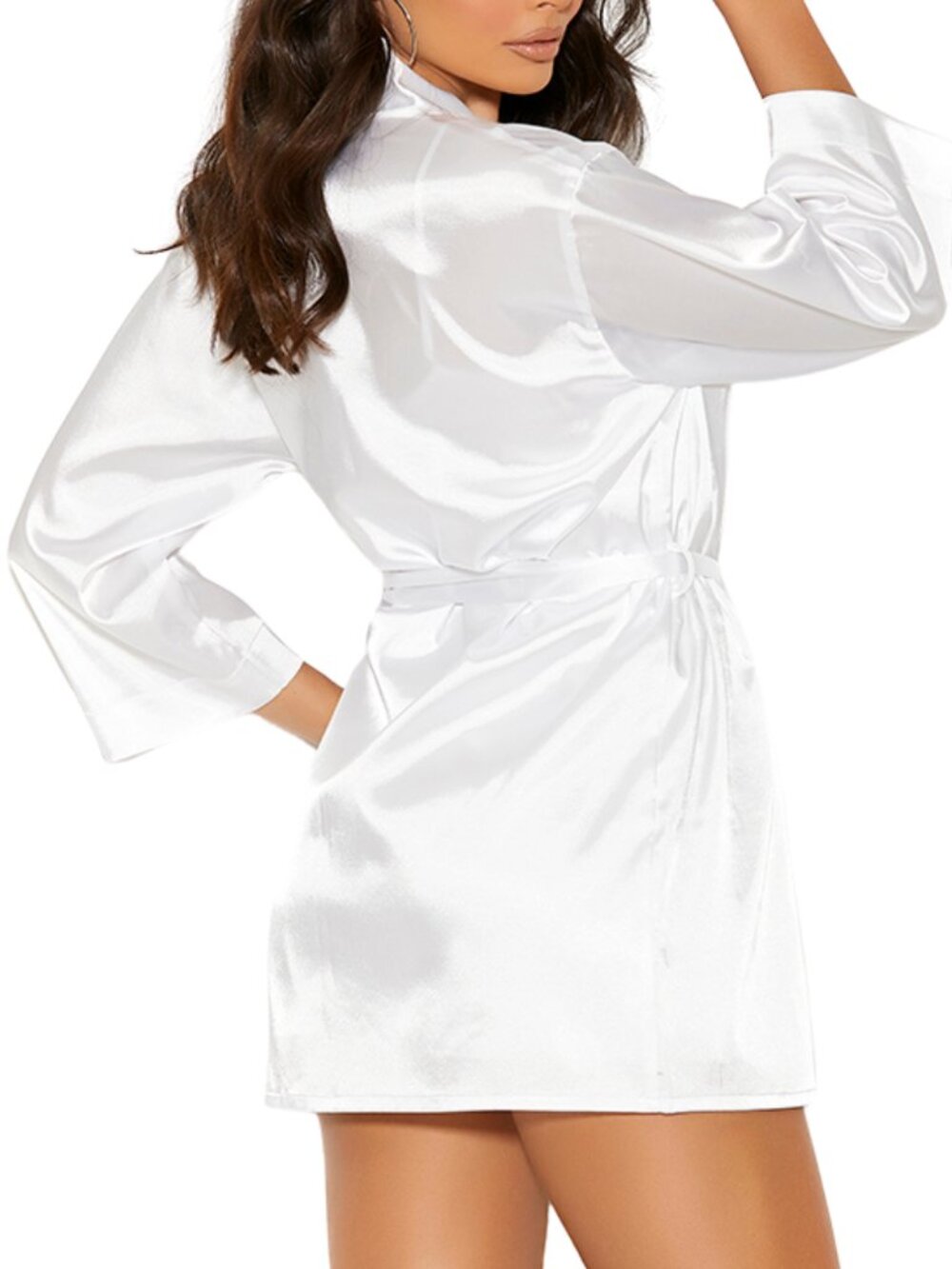 White Charmeuse Kimono Robe Lingerie Robe with Belt - Picture 2 of 8